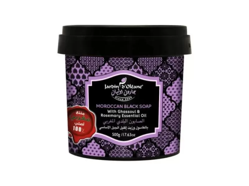 Jardin oleane moroccan black soap 500 gm with ghassoul & essential oil of rosemary